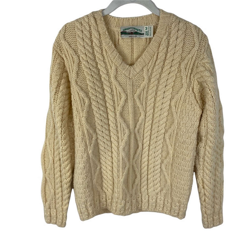 Aran Crafts 100% Wool Pullover V-Neck Sweater Size Medium Cable Knit Ivory